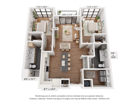 A 3D floor plan of a house with a living room, kitchen, and two bedrooms.